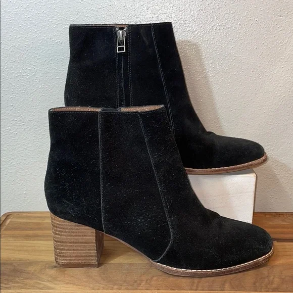 Suede Black Ankle Booties Block Heel Zip Minimal Sz 9.5 Chunky Sleek Madewell