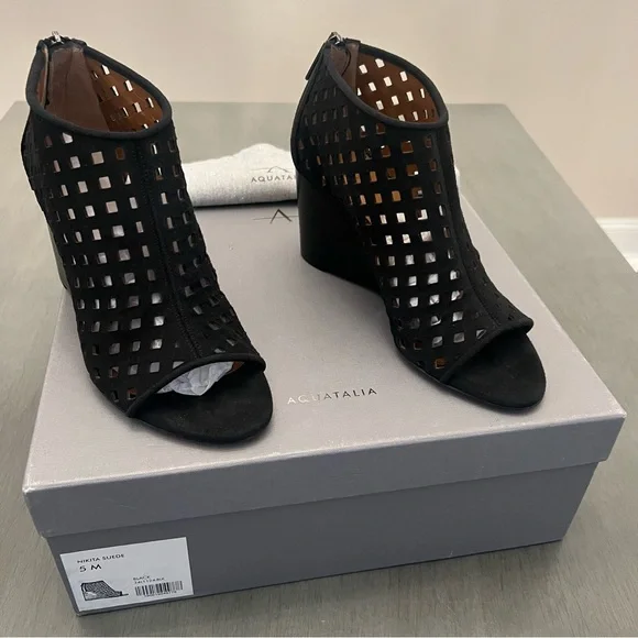 Aquatalia Nikita Open Toe Black Suede Wedge Ankle Bootie Sandal Perforated Zip 5