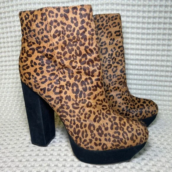 Dolce‎ Vita Leopard Print Calf Hair Platform Block Heel Ankle Boots Women 10