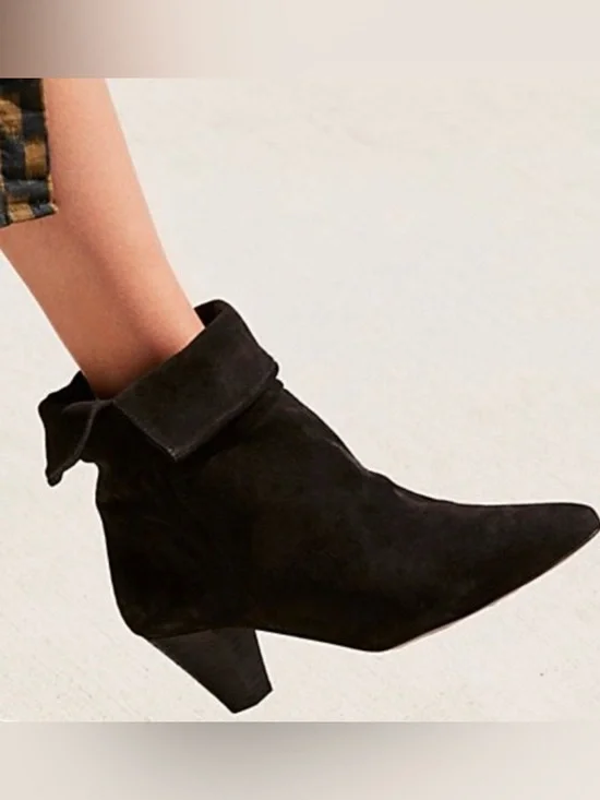 FREE PEOPLE Adella Foldover Suede Booties Black Pointed Toe Block Heel Size 8.5