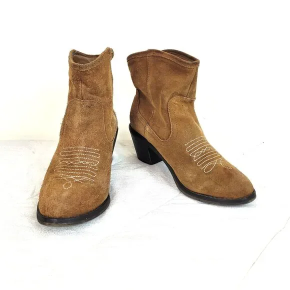 Skechers Aloft Tex Mex Booties Womens 8 Western Cowboy Block Heels Suede Brown
