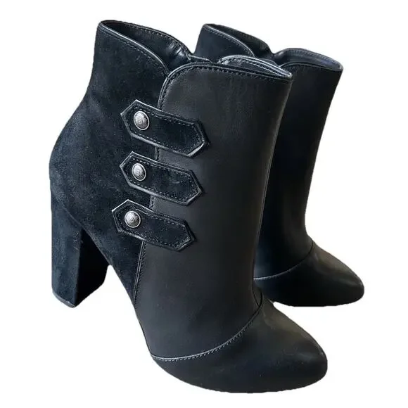 WHBM Kaydyn Ankle Booties Womens 6 Black Leather Velvet Block Heel Shoes NEW