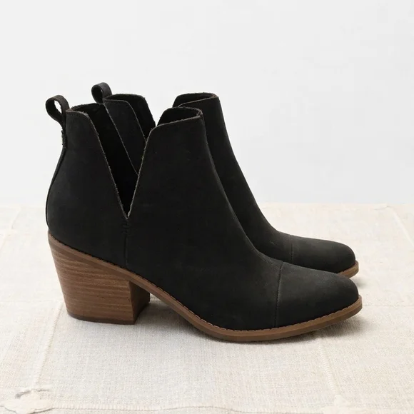 TOMS Everly Booties Womens 7 Black Leather Ankle Boots Stacked Heel