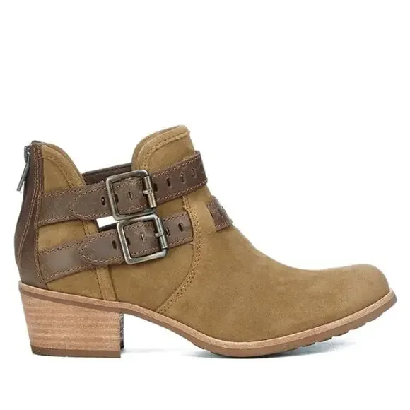 UGG Patsy Heeled Buckle Moto Boho Ankle Booties In Chestnut Brown‎ Size 6 Office