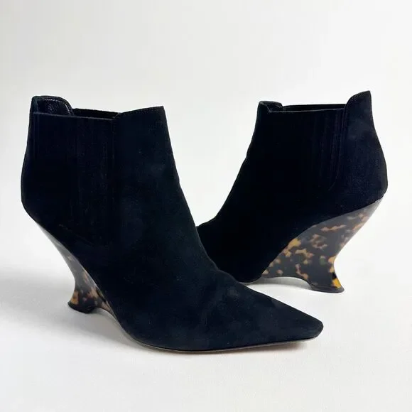 DIOR Optic-D Black Suede Chelsea Ankle Boot 37.5 Sculpted Tortoiseshell Wedge