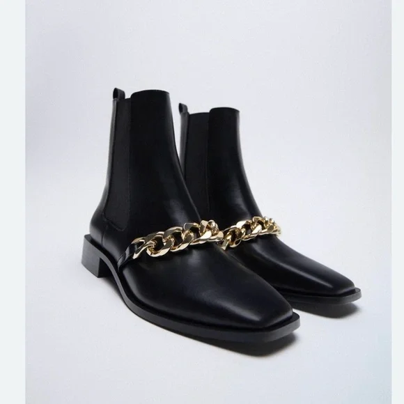 Zara Women Low Heel Chain Ankle Boots