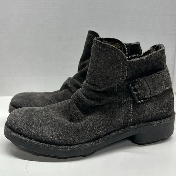Fly London Ankle Boots Shoes Booties Suede Side Zip Buckle Gray Size 38 US 8