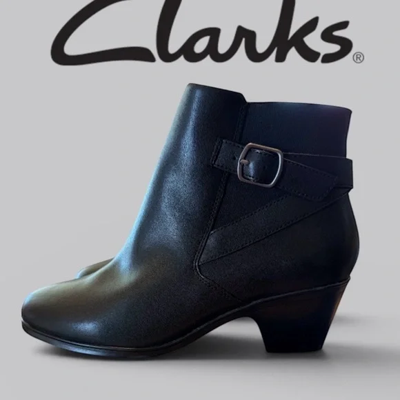 Women’s Clarks Black Leather Ankle Boots with Buckle Strap
