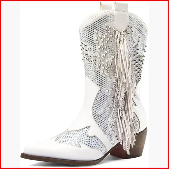 Pointed Toe Rhinestone Western Booties Chunky Heel Slip On Ankle Boots