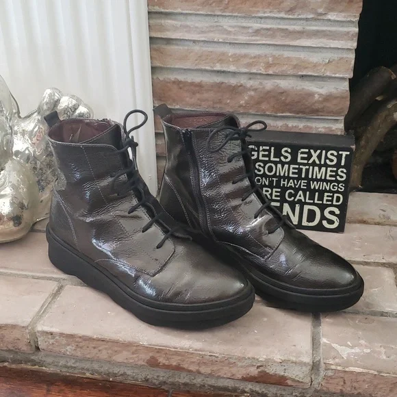 Wonders Gun Metal Lace Up Wedge Booties Size 40