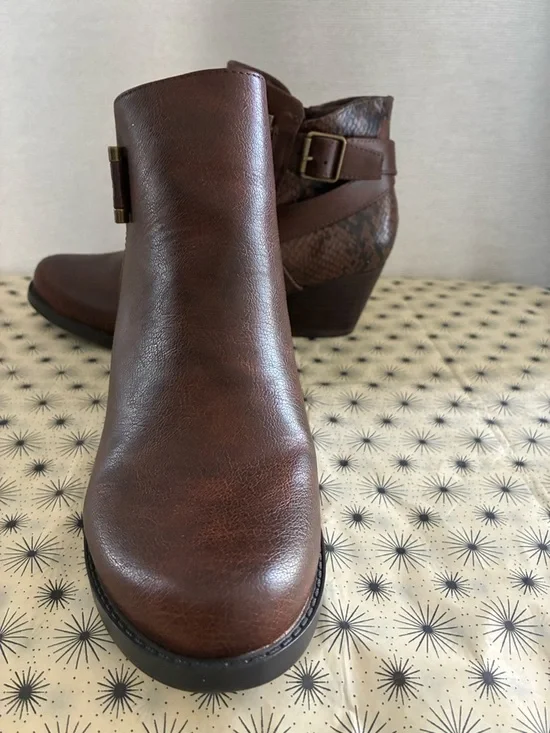 BareTraps Brown Leather Ankle Booties with Buckle and Textured Heel