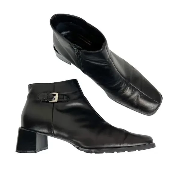 Vintage Ecco Black Leather Square Toe Ankle Boots Booties‎ Size 7