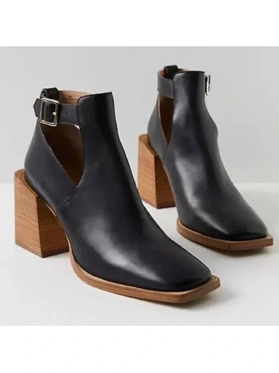 Free People Brady Buckle Black Leather Stacked Block Heel Ankle Booties 41 $140