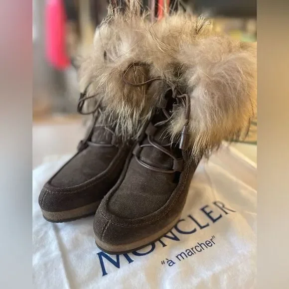 Moncler Charlotte Suede Wedge Boots with Fur Trim (Size 37) NWT Box and dustbag.