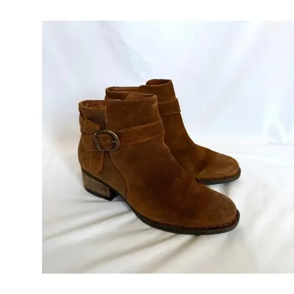 BORN Morocco Buckle Ankle Bootie, US 9, Brown Distressed Rustic Suede Leather