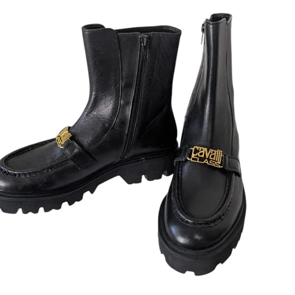 Cavalli Class Black Leather Cortina Platform Lug Boots...Size EU 39(US 8.5-9)