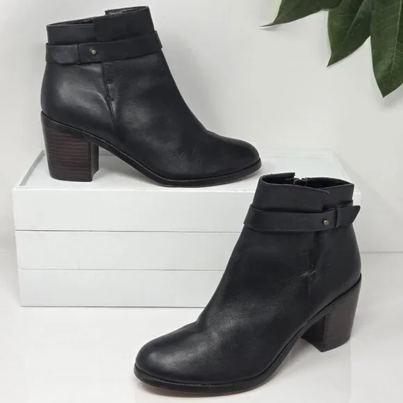 Halogen Womens 8.5 Boots Leather Black Ankle Booties Block Heel Strap Almond Toe