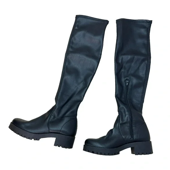 Mercante di Fiori Tall Black Boot Lug Sole Ankle Zip Light Stretch Calf, 38/7.5