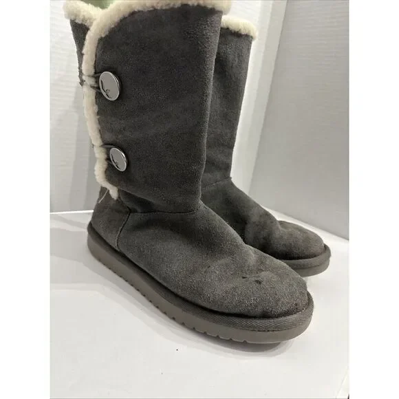 Koolaburra By Ugg Sz 8‎ Gray Suede Button Boots 8M Faux Fur Mid Calf