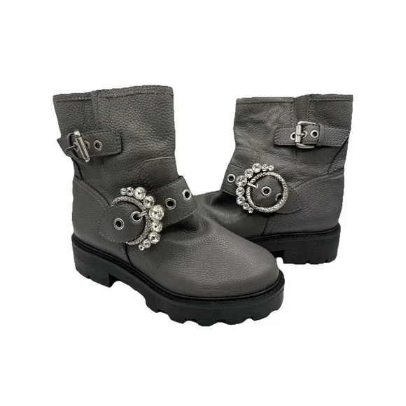 NEW KARL LAGERFELD PARIS Marceau Jeweled Gray Leather Ankle Boots Sz 5.5 M NEW
