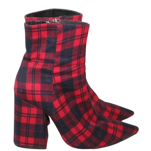 Alias Mae women's booties size 39 red tartan plaid block heel pointed toe zip up