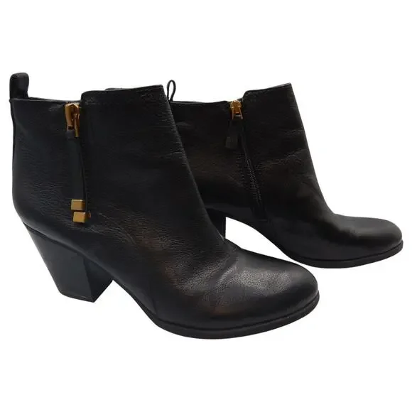 Franco Sarto Diana Leather Dual Side Zip Heeled Ankle Boots Black Size 9.5M