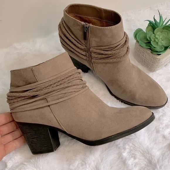 BAMBOO braided accent faux suede western heeled booties ankle boots
