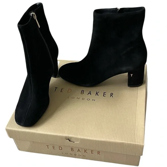Ted Baker Neomie‎ Suede Block Heeled Ankle Boots Zipper Gold Black Womens 9 / 39