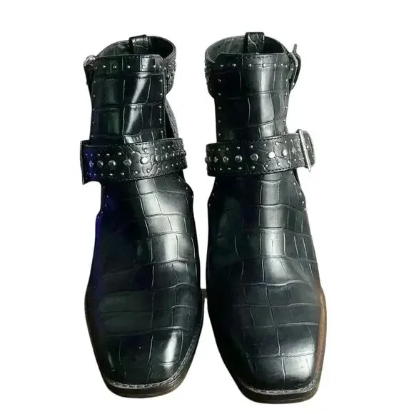 ZARA Black Croc Embossed Studded Buckle Ankle Boots Block Heel Size 38 (US 7.5)