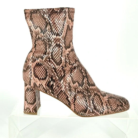 Steve Madden Size 9 Snakeskin‎ Print Ankle Boots Square Toe Block Heel Brown Tan