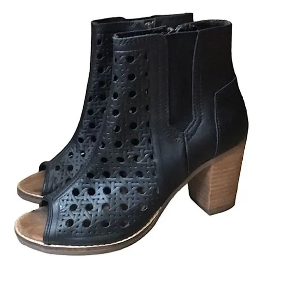 TOMS Majorca Peep Toe Bootie Basketweave Leather Women's 6.5 Black