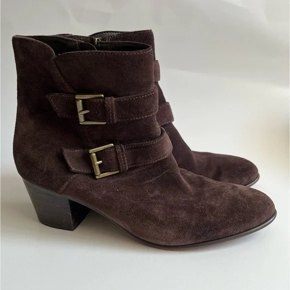 CLARKS- Dark Purple Heel Ankle Boots with Buckle Design Size 8.5