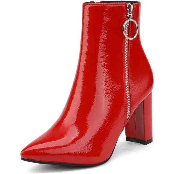 Dream Pairs Women's Red/Pat-3 Pointed Toe Fur Lining Block Heel Ankle Booties