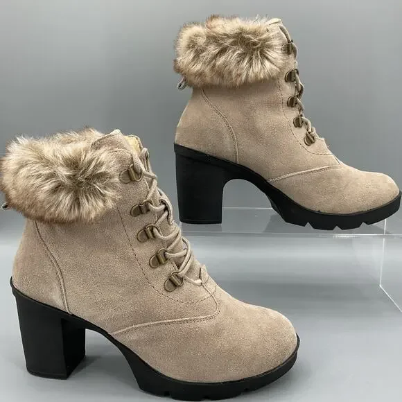 NEW Bearpaw Women’s Marlowe Suede Heeled Boots Mushroom Size 7