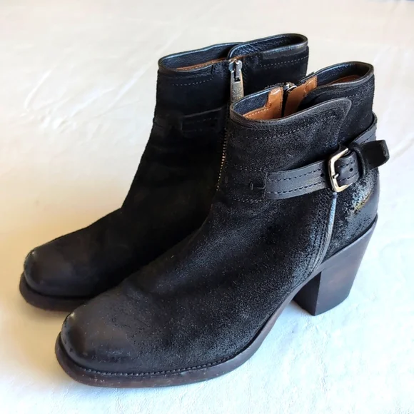 Pantanetti Heeled Buckled Distressed Black Leather Moto Booties Women's 38