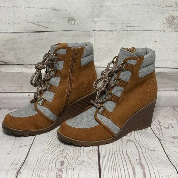 Falls Creek Brown Faux Suede Grey Felt Lace Up Wedge Ankle Boots Womens 8M