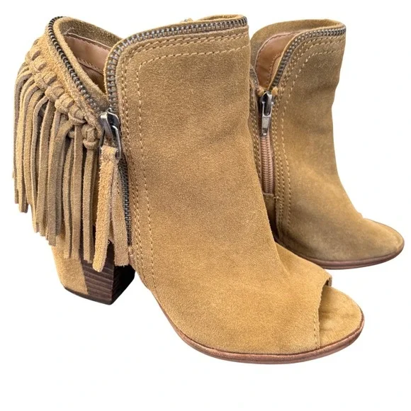 Dolce Vita Promise Fringe Suede‎ Ankle Booties Peep Toe Block Heel Tan Sz 7.5