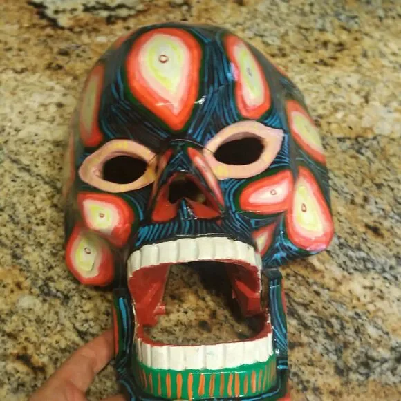GUATEMALAN MEXICAN MOVABLE SKULL MASK TRANSFORMATION WOODEN FOLK ART HAND CARVED