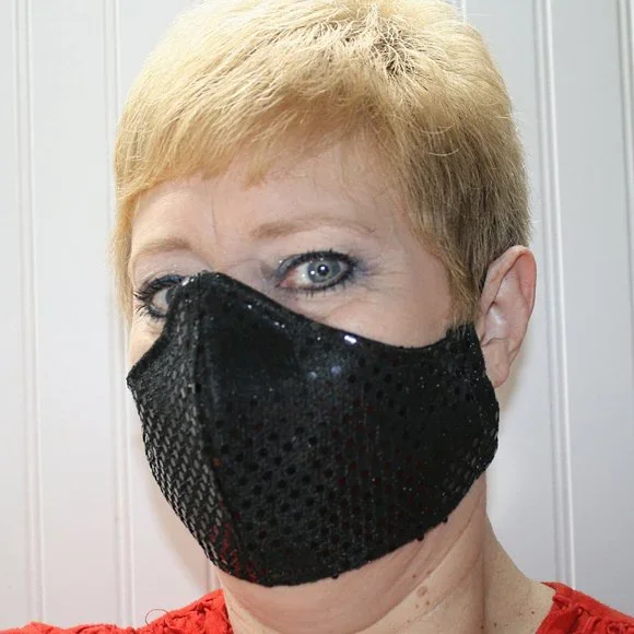 HAND CRAFTED Face Mask Black Confetti Dot Sequin - Adult - Shield Style