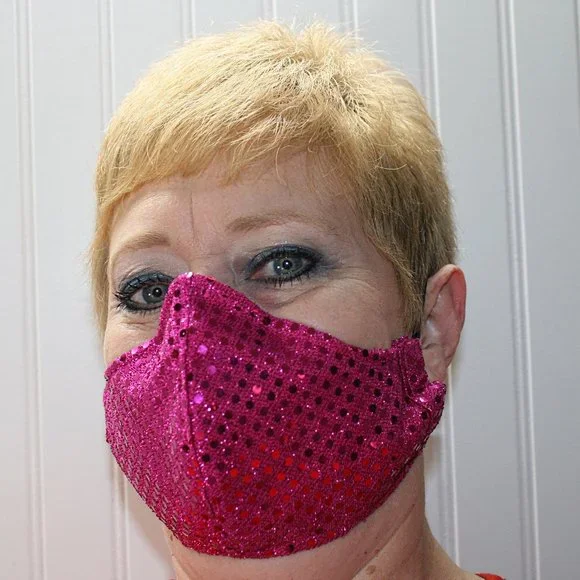 HAND CRAFTED Face Mask Hot Pink Confetti Dot Sequin - Adult - Shield Style