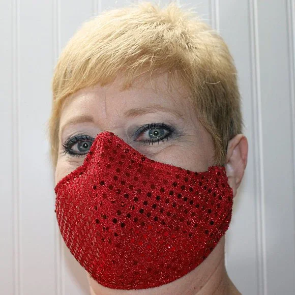 HAND CRAFTED Face Mask Red Confetti Dot Sequin - Adult - Shield Style