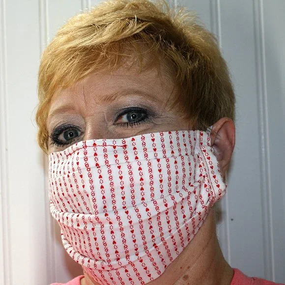 HAND CRAFTED Face Mask Hearts Stripes Adult Cloth Fabric Print - Pocket Style
