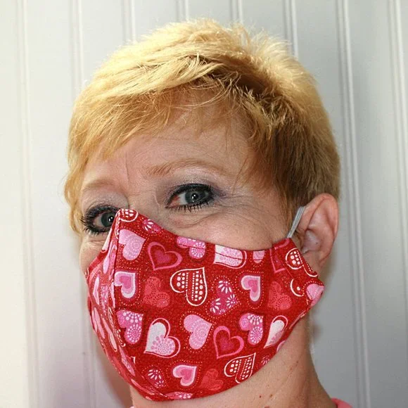 HAND CRAFTED Face Mask Hearts Red Adult Cloth Fabric Print - Shield Style