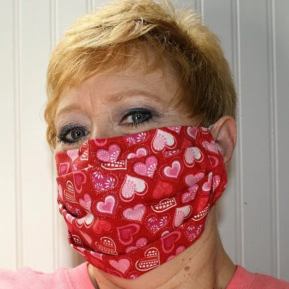 HAND CRAFTED Face Mask Hearts Red Adult Cloth Fabric Print - Pocket Style