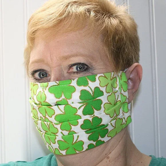 HAND CRAFTED Face Mask Green Shamrock Adult Cloth Fabric Print - Pocket Style