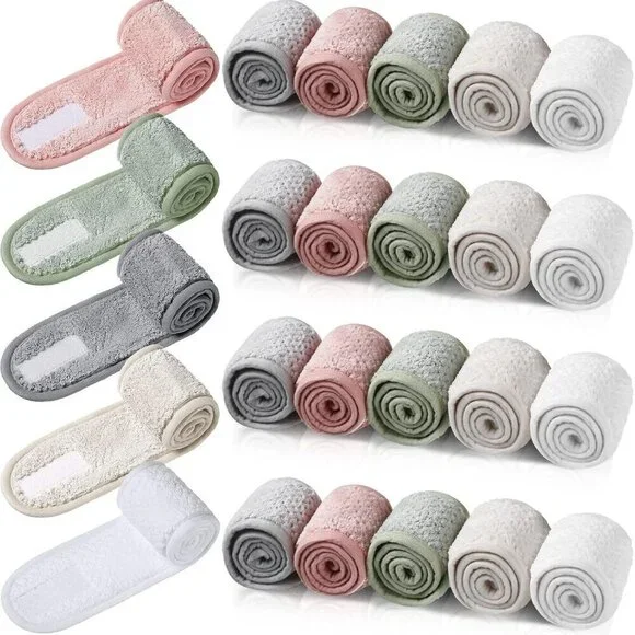 Spa Headbands Bulk 25 Pcs Coral Fleece Adjustable Multicolor for Face Makeup