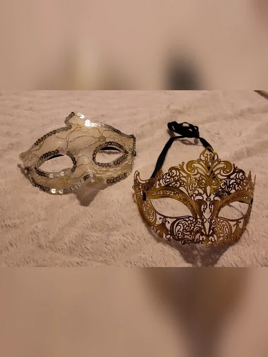 Vintage 70's Gold Filigree (Metal) & Silver Sequin Masquerade Masks