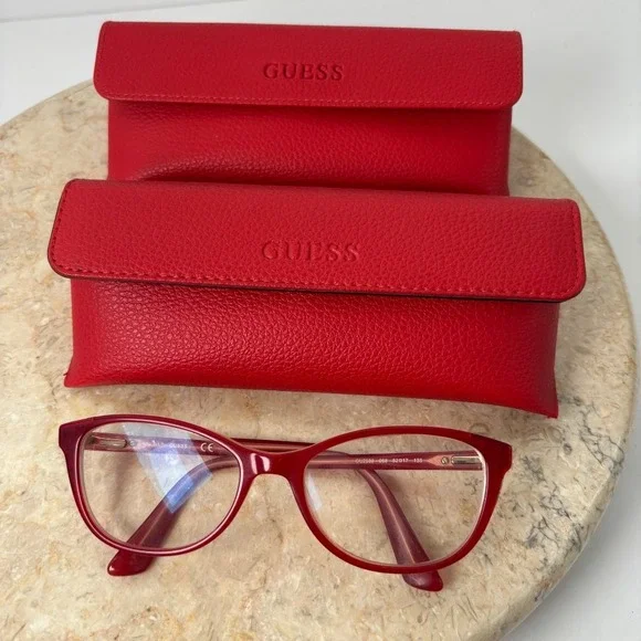 Guess Eyeglasses Red Gold Cat Eye‎ Full Rim GU2590 Two Cases  Preowned