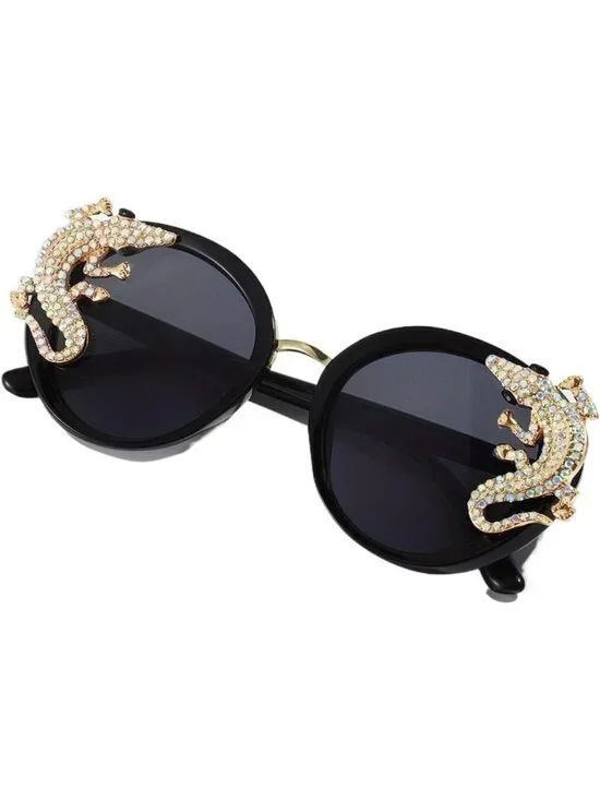 Women's Sparkling Animal Oval Frame Fashion Sunglasses Elegant Wear Black