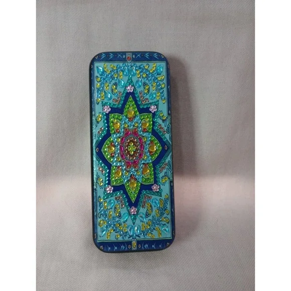 Handmade Diamond Painting Eyeglass Case Blue Mandala Floral Rhinestone...